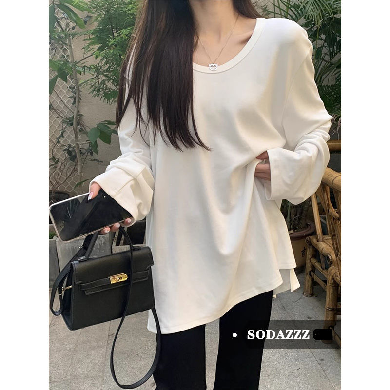 SODAZZZ白色簡約長袖T恤女秋冬季新款寬鬆顯瘦休閒百搭打底衫上衣