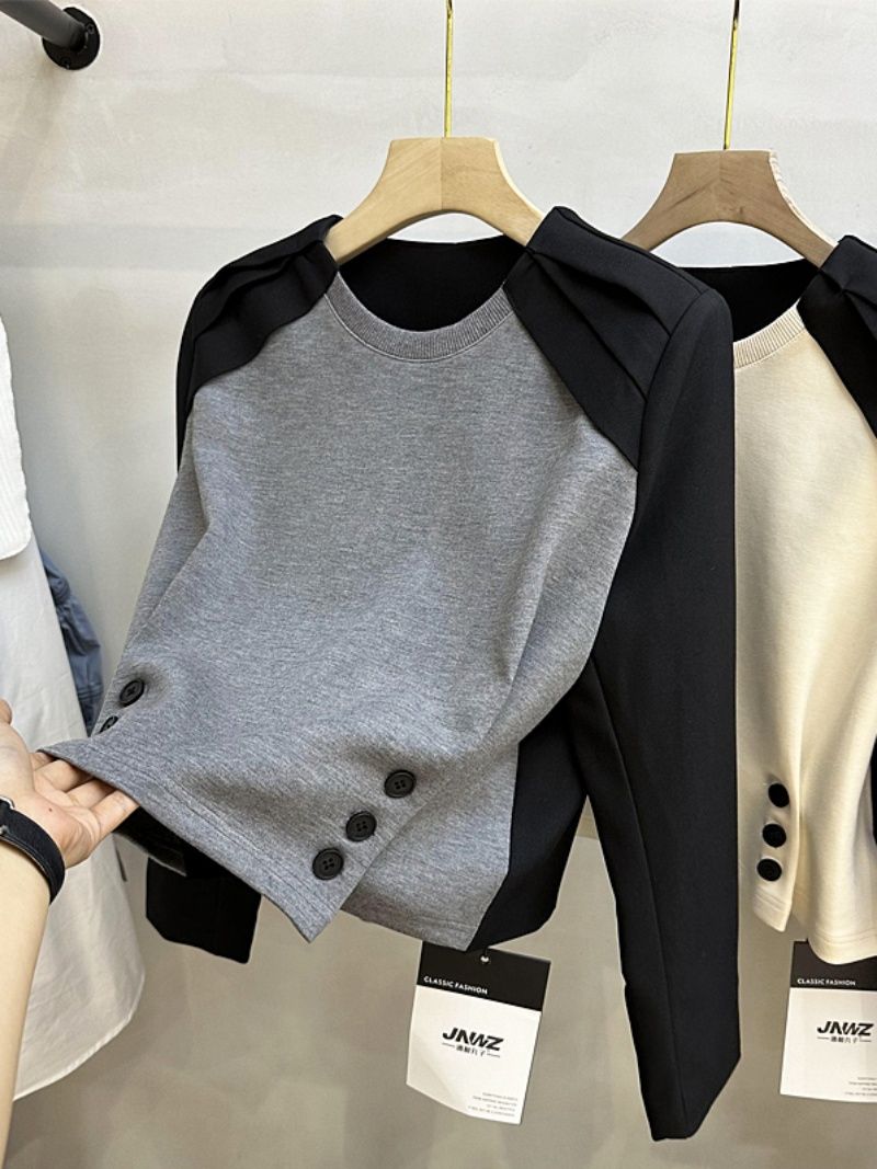 Niche design color-blocked sweatshirt for women 2024 spring and autumn new European button splicing high-end long-sleeved short top