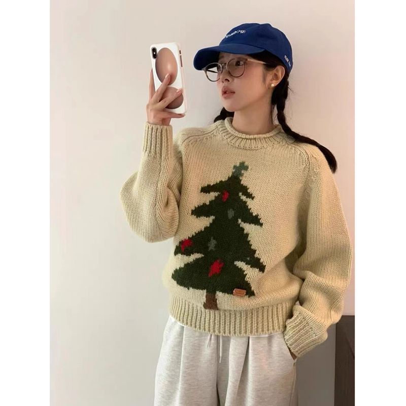 韓系聖誕樹提花套頭毛衣女秋冬新款寬鬆慵懶風休閒內搭針織衫上衣
