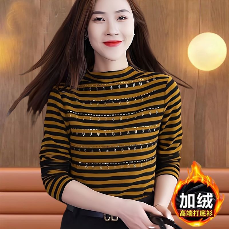 專櫃熱賣加厚澳絨保暖打底衫女長袖上衣秋冬新款寬鬆遮肚條紋小衫