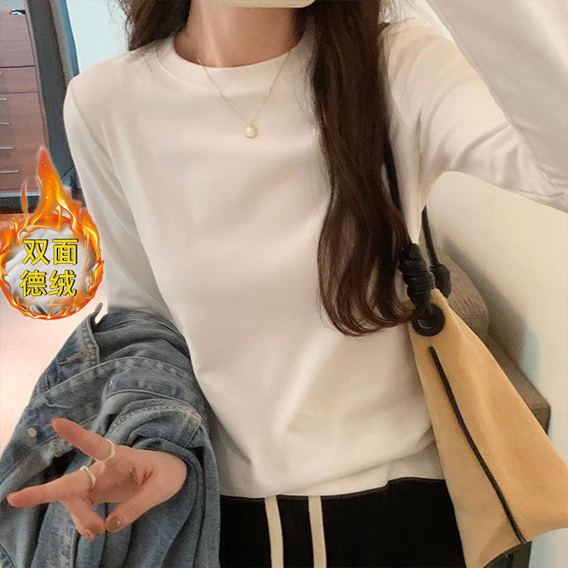 德絨加厚打底衫T恤女長袖內搭秋冬新款圓領寬鬆顯瘦保暖上衣ins潮