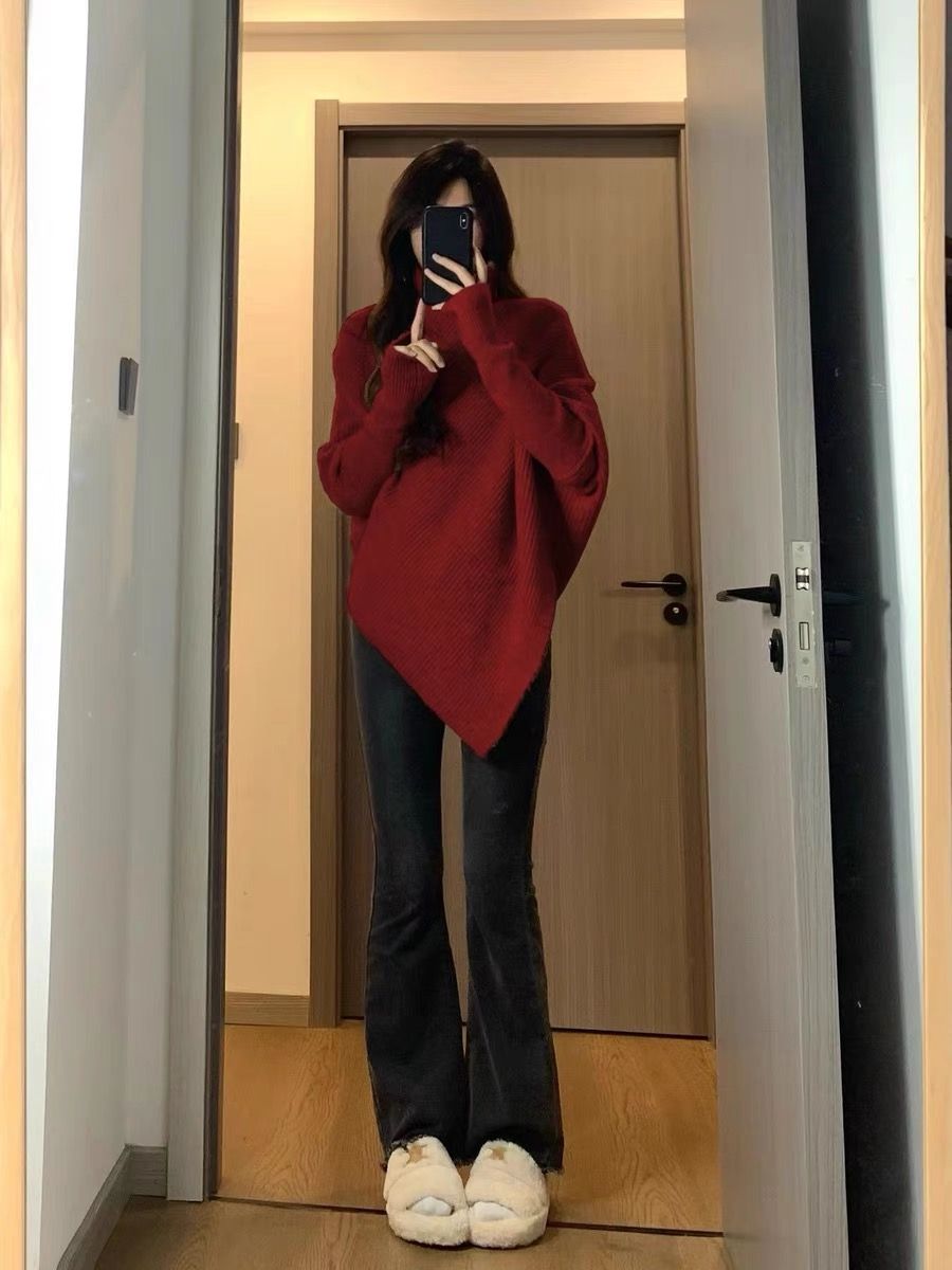 不規則高領毛衣女2023秋冬季新款爆款溫柔韓系過年紅色慵懶風加厚