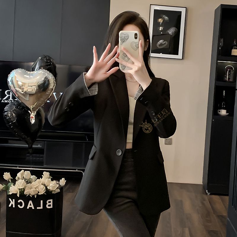 Korean style casual black suit jacket for women small 2024 new spring and autumn slim waist professional suit top