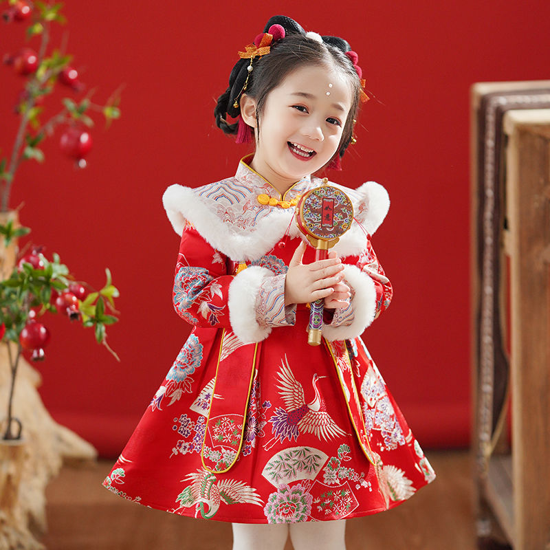 寶寶拜年服周歲禮服女童漢服裙加絨秋冬一歲抓周兒童喜慶唐裝冬季