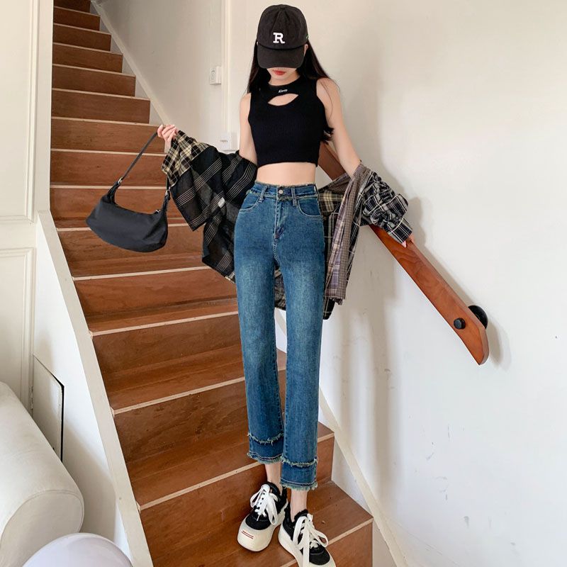 港味復古直筒牛仔褲女裝小眾設計感毛邊高腰子顯瘦九分煙管褲2023