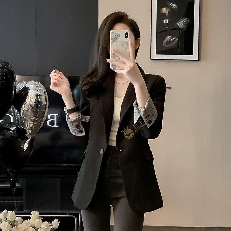 Korean style casual black suit jacket for women small 2024 new spring and autumn slim waist professional suit top