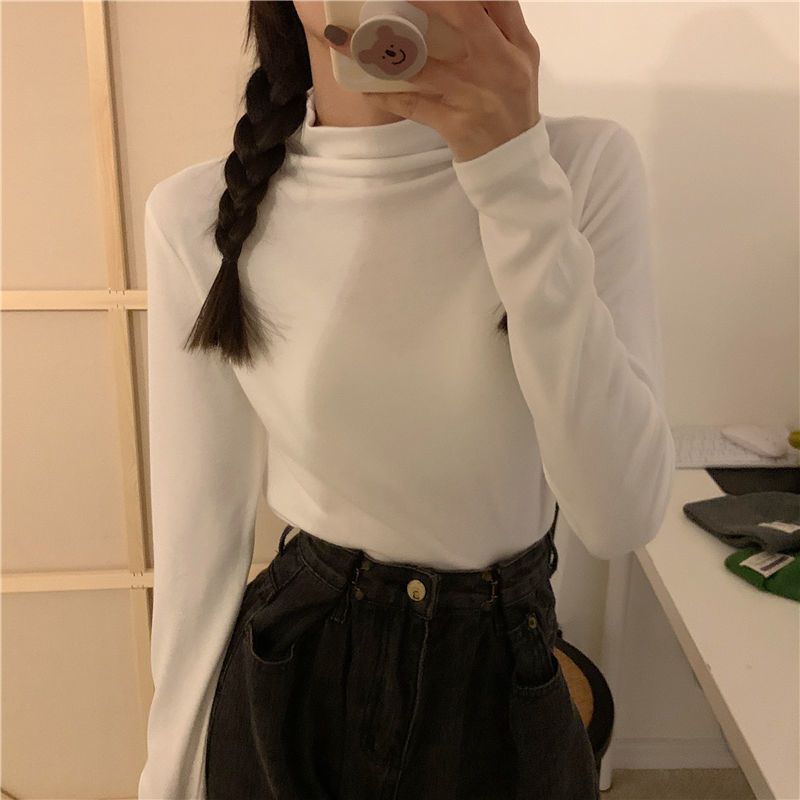 半高領加絨打底衫女秋冬季韓版學生百搭洋氣長袖T恤內搭保暖上衣