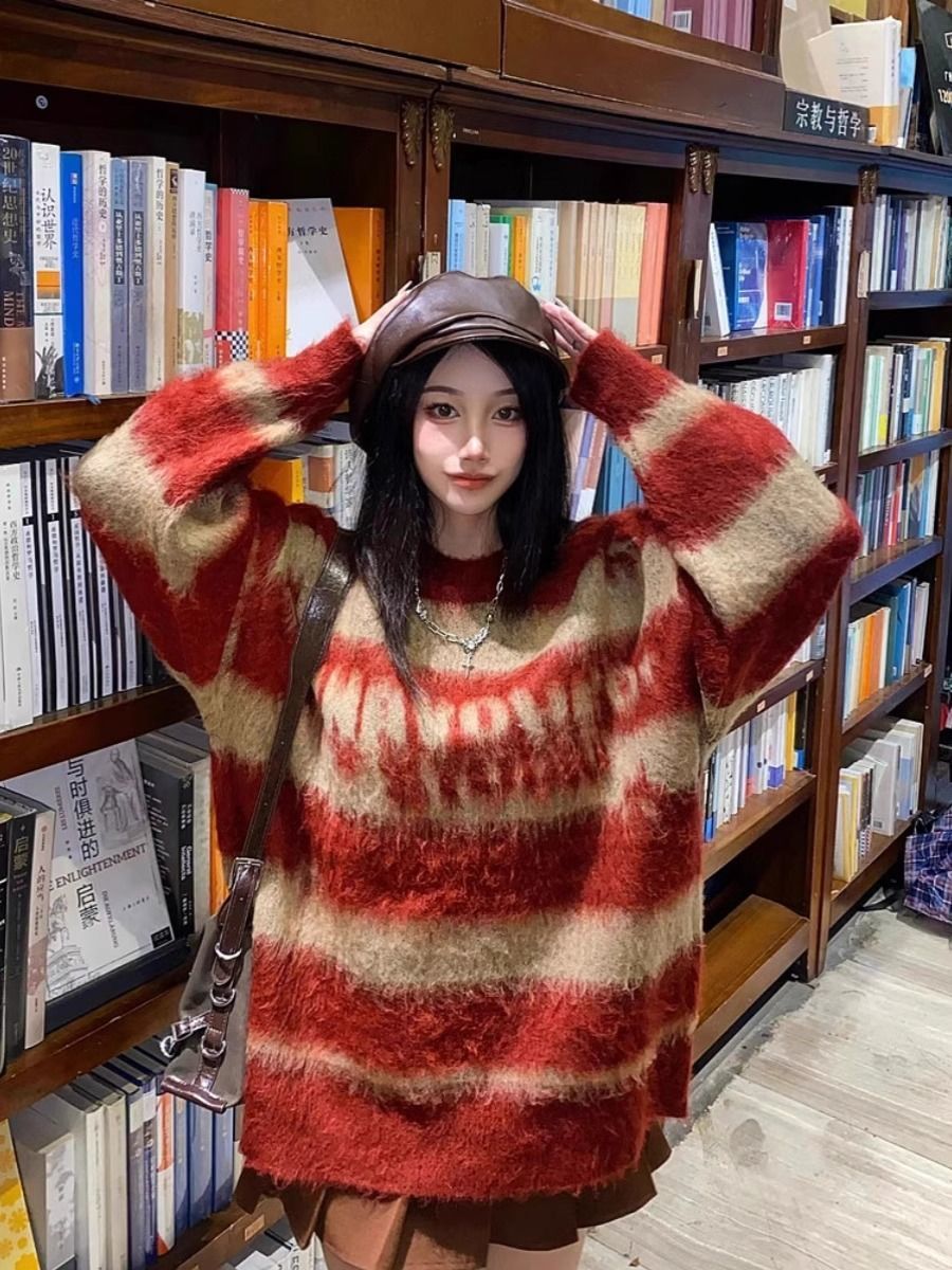 美式復古星星條紋馬海毛毛衣女秋季潮牌寬鬆情侶休閒百搭針織上衣