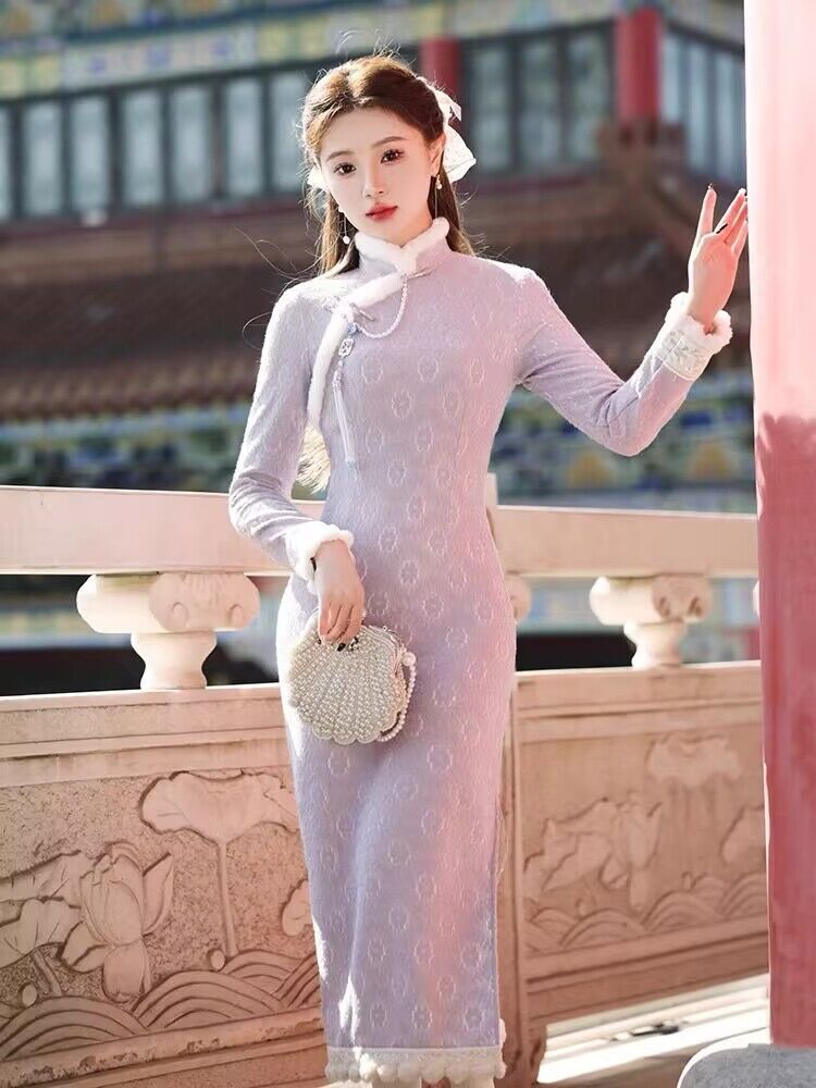加絨冬季長袖旗袍2023新款改良版新中式女唐裝國風年輕款連衣裙