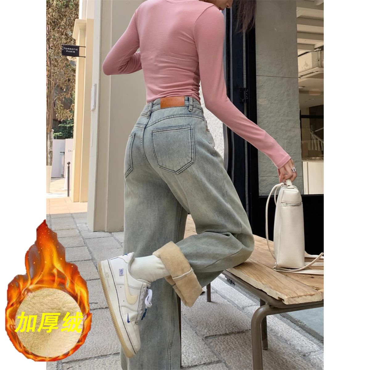 復古加絨加厚闊腿牛仔褲女2023秋冬新款高腰寬鬆顯瘦直筒拖地長褲