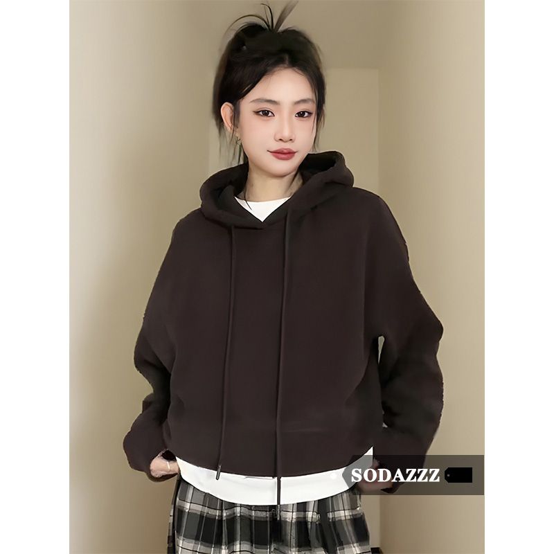 SODAZZZ American short hooded sweatshirt for women autumn and winter casual plus velvet thickened simple versatile long-sleeved top