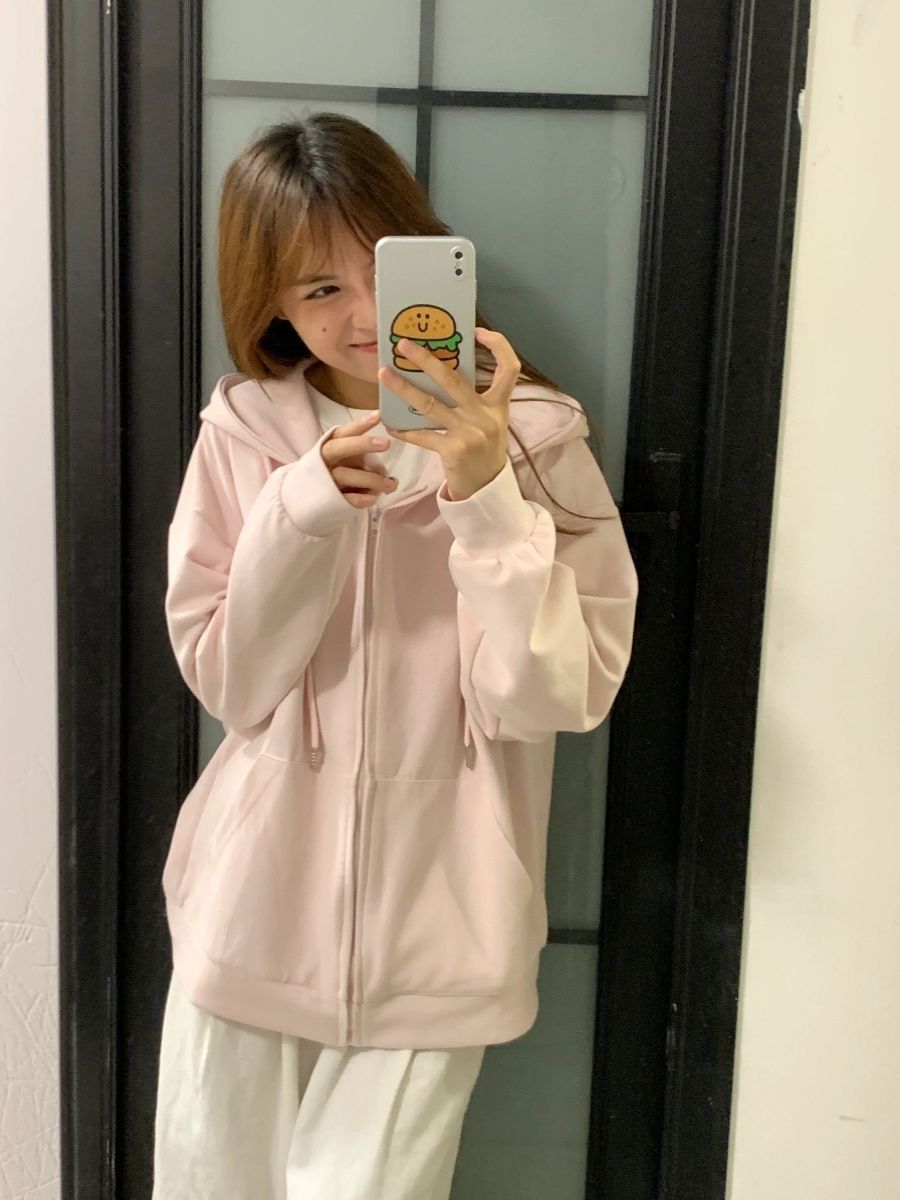 粉色衛衣外套女秋冬加絨加厚2023新款爆款韓系慵懶風連帽開衫上衣