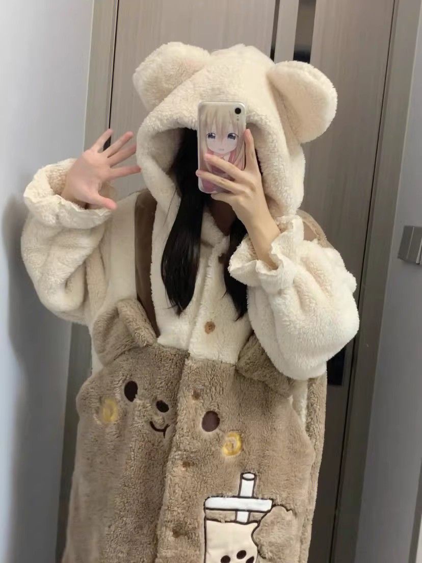 少女連帽小熊珊瑚絨睡衣女冬季2023年新款加厚保暖居家服睡裙睡袍