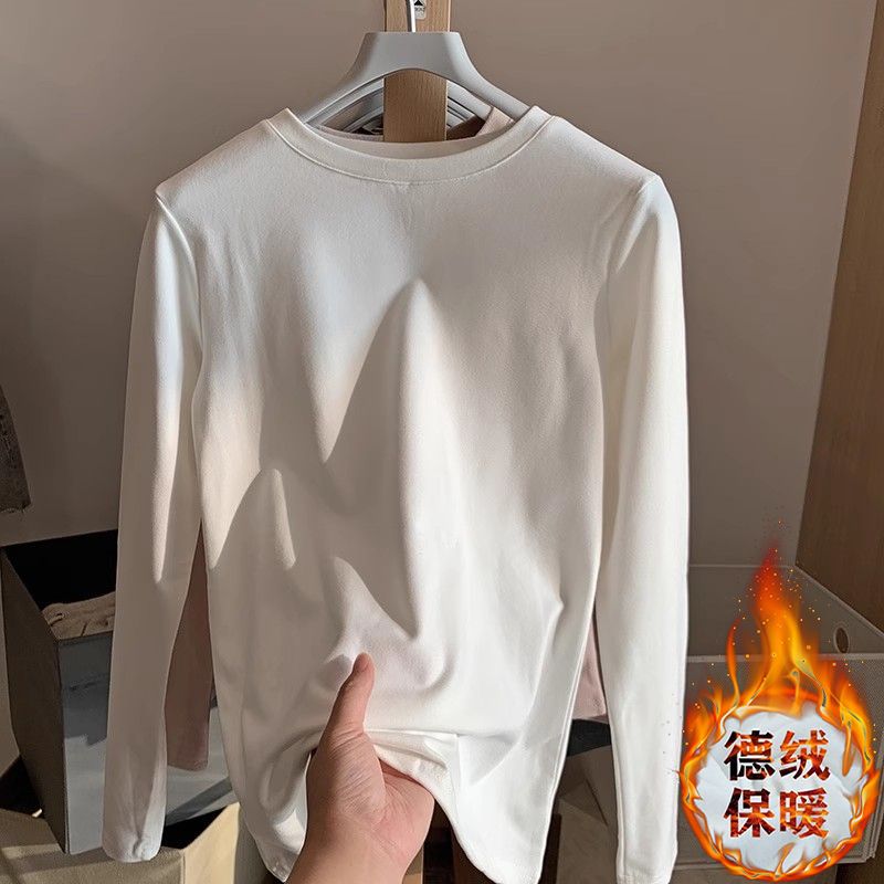 加厚雙面德絨圓領白色打底衫女加絨秋冬磨毛內搭純色寬鬆長袖t恤