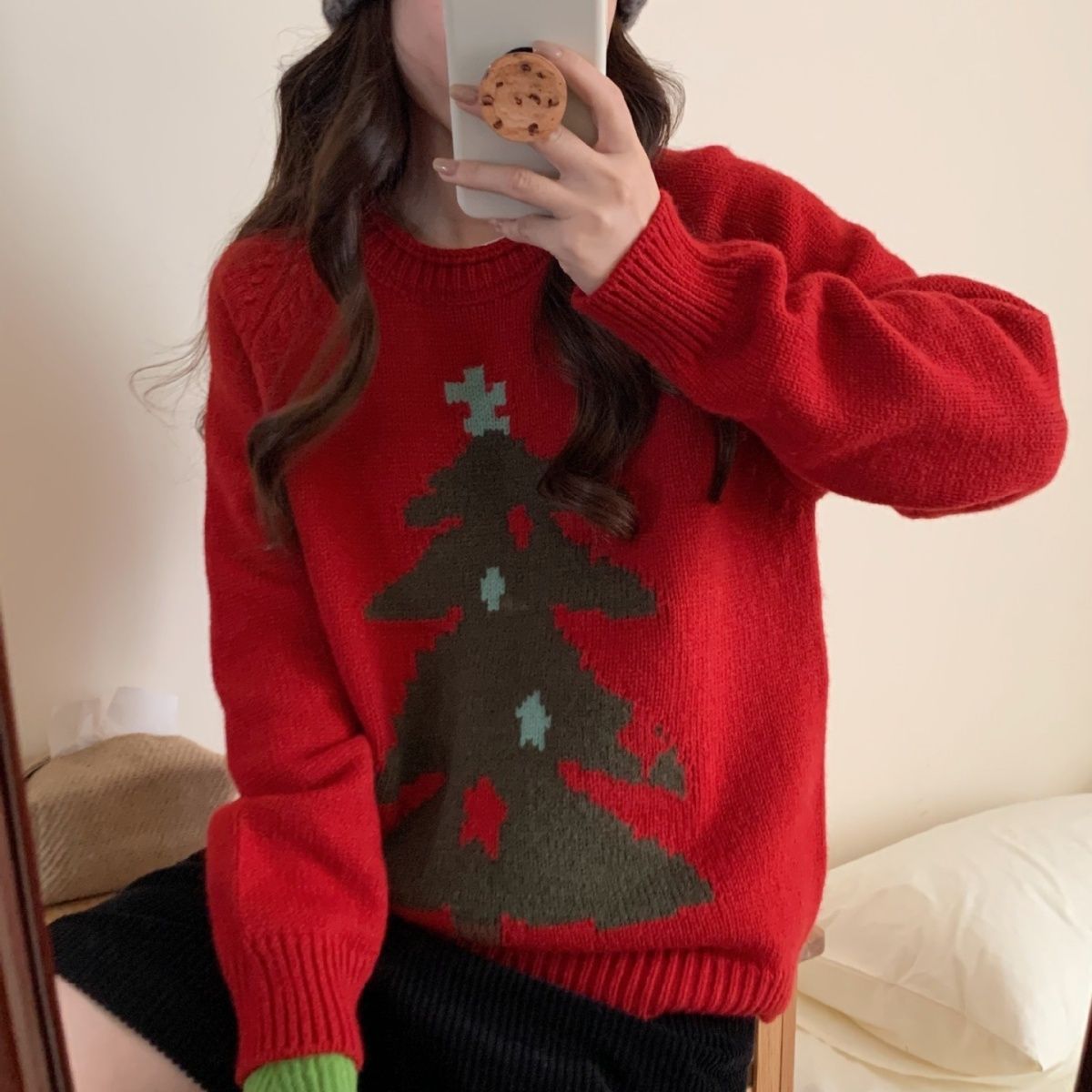 韓系圓領紅色聖誕樹套頭毛衣女秋冬季新款寬鬆百搭加厚針織衫上衣