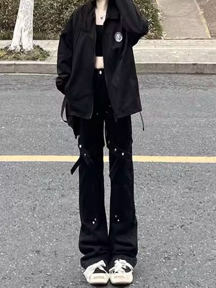 美式高街vibe風設計感綁帶微喇叭牛仔褲女小個子黑色直筒拖地長褲
