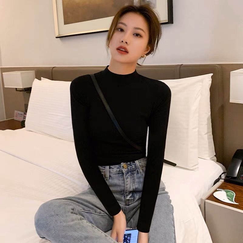 加絨黑色半高領打底衫女春秋冬內搭洋氣保暖上衣秋衣中領長袖t恤