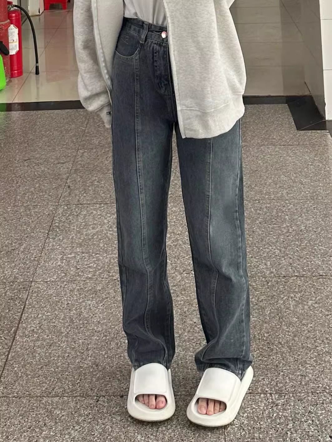 設計感復古藍闊腿牛仔褲女小個子秋冬新款直筒顯瘦寬鬆拖地長褲子
