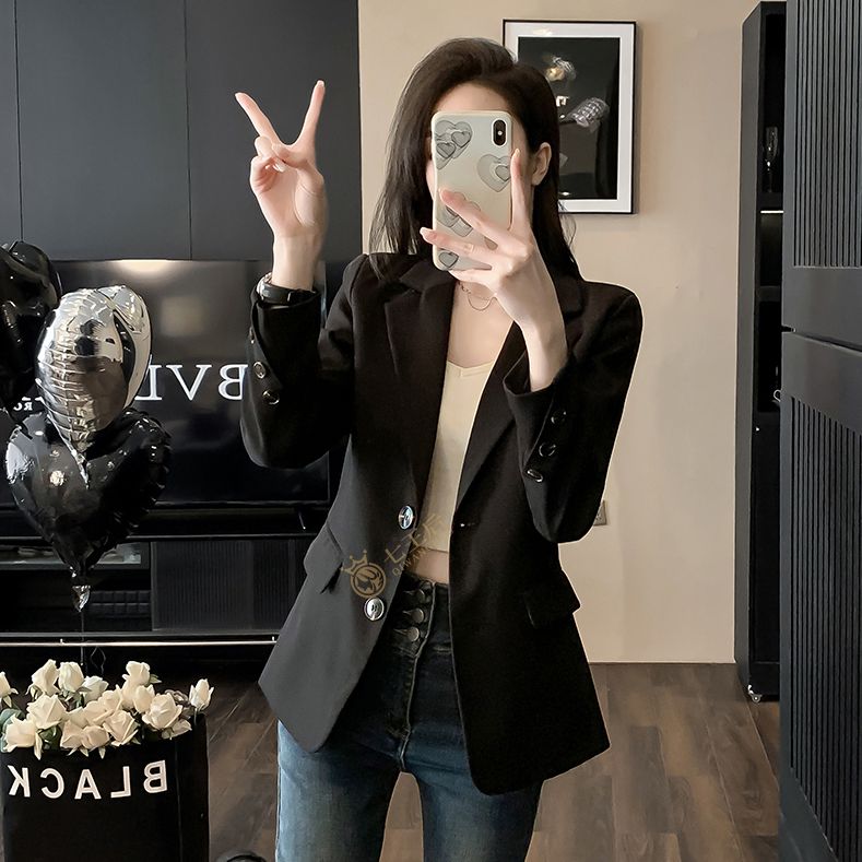 Black small suit jacket for women 2024 new temperament Korean style casual commuting slim long-sleeved professional suit top