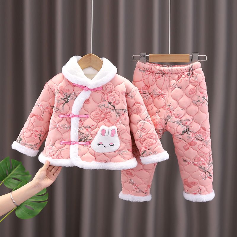 Children's Internet celebrity Northeast cotton jacket suit baby girl small floral jacket winter clothing baby winter plus velvet and cotton winter clothing