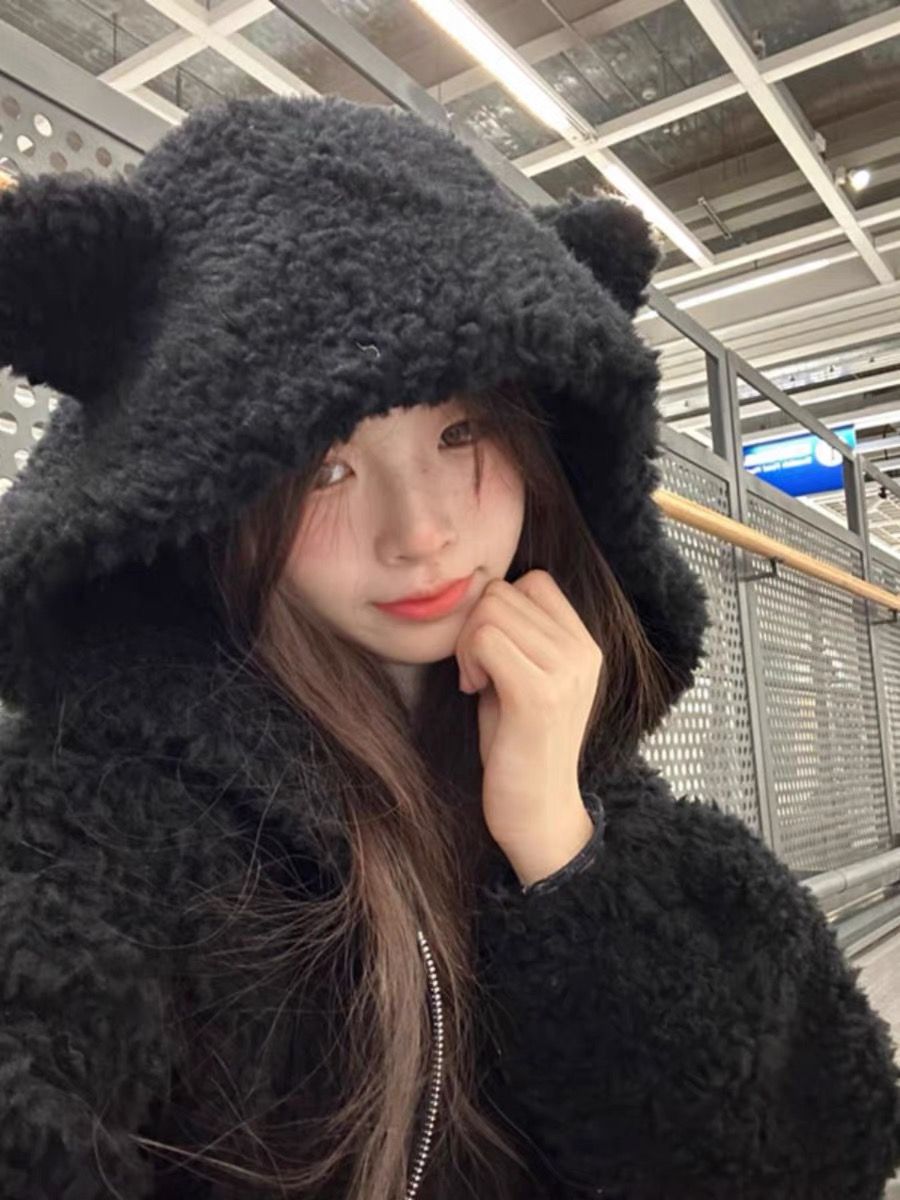 美式復古羊羔絨熊耳朵連帽衛衣女秋冬寬鬆慵懶風加絨加厚開衫外套