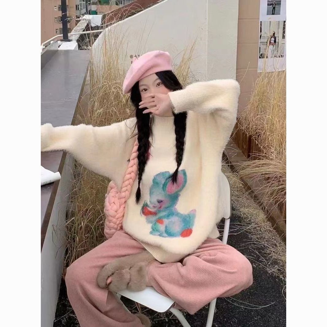 2023秋季新款溫柔風奶甜系卡通兔子圓領針織毛衣女奶呼呼寬鬆上衣