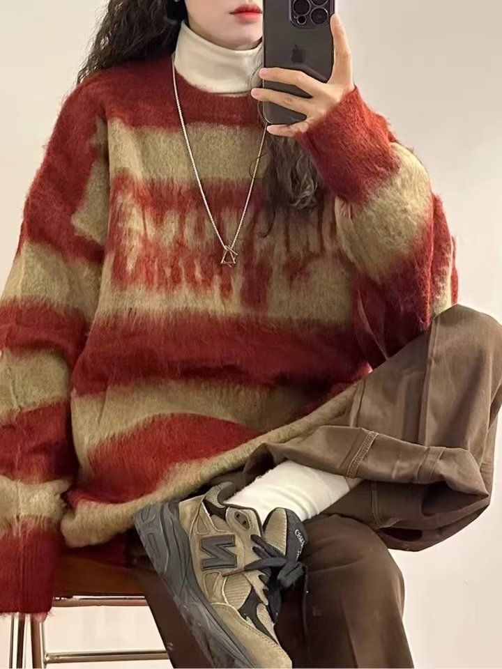 紅色條紋海馬毛毛衣男女秋冬寬鬆慵懶風高級感圓領情侶外套針織衫