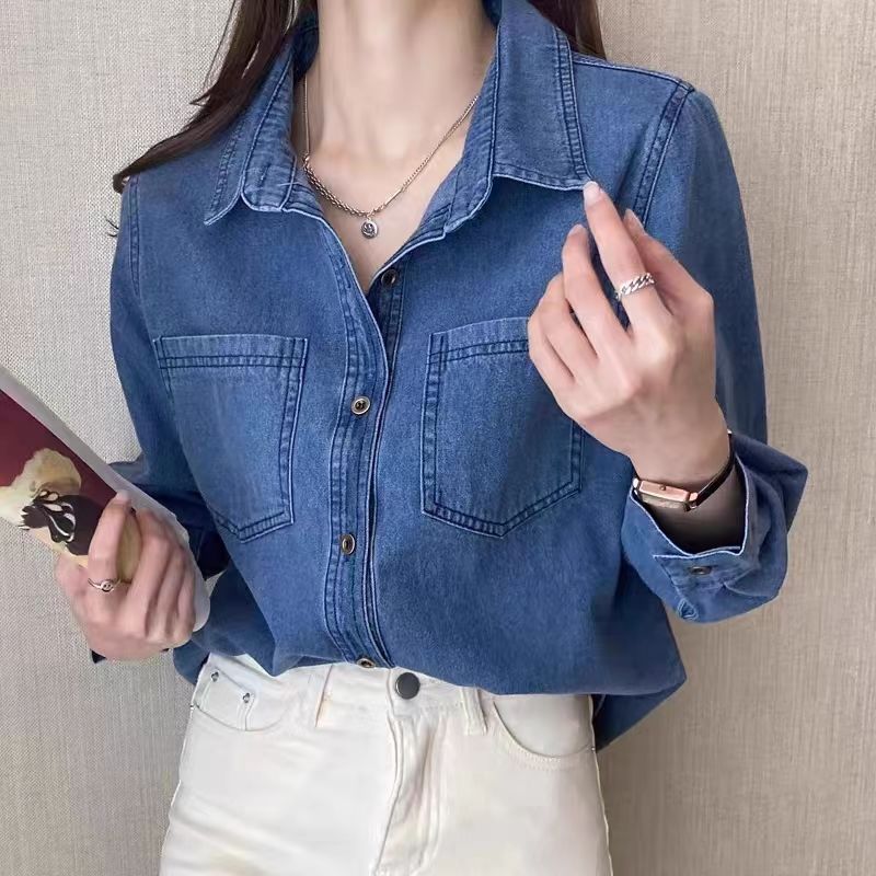 Denim jacket shirt women's new autumn and winter plus size fat girl's inner top versatile loose slimming layered shirt