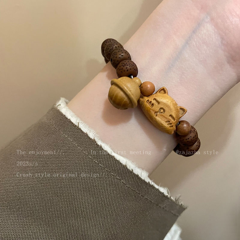 Cat Bell Sandalwood Bodhi Bracelet Women's Autumn and Winter Retro New Chinese Style Niche Design Bracelet Student Bestie Bracelet