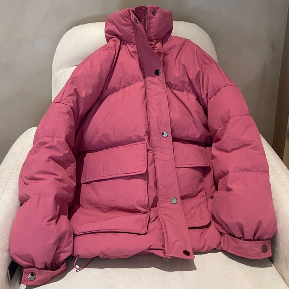 2023冬季新款大碼棉服女時尚簡約寬鬆顯瘦百搭立領大口袋棉衣外套