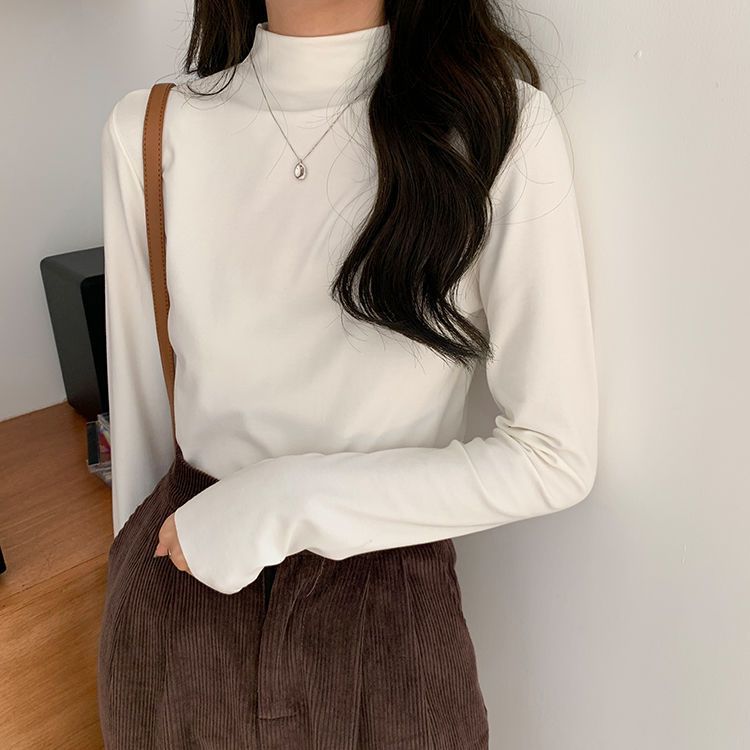 白色半高領打底衫女2023新款秋冬加絨修身黑色內搭長袖T恤上衣潮