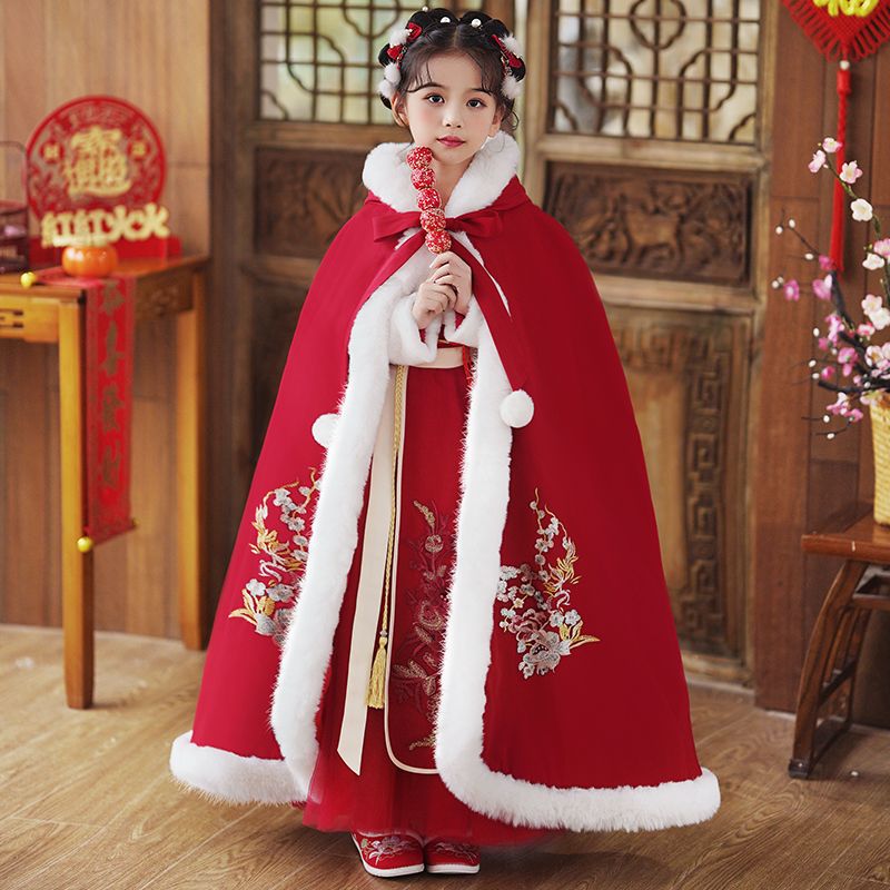 女童拜年服冬款漢服兒童加厚古裝過年女孩喜慶新年唐裝冬季連衣裙
