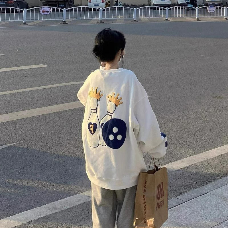 ins韓版外穿學生圓領毛巾繡加絨衛衣女秋冬新款寬鬆bf慵懶風上衣