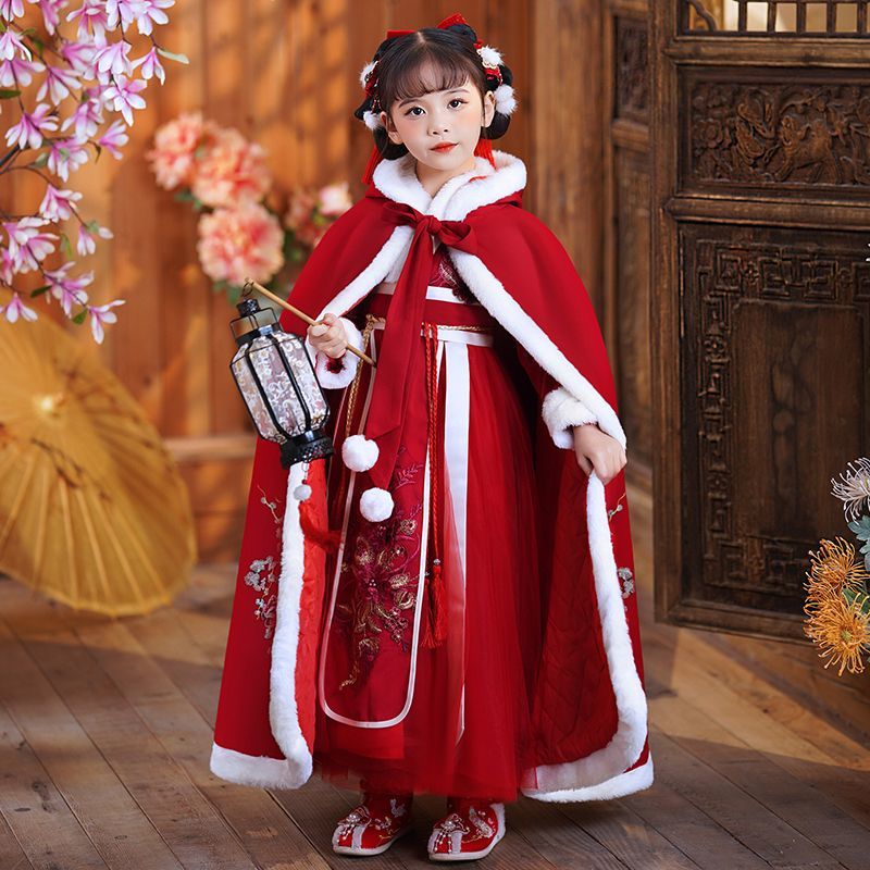 Girls Hanfu Winter Children's Ancient Costumes Thickened Chinese New Year Winter Tang Suit Girls Chinese Style New Year's Festive New Year's Clothes