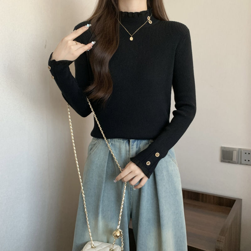 微胖大碼半高領紗網拼接針織打底衫女修身顯瘦毛衣高級感洋氣上衣