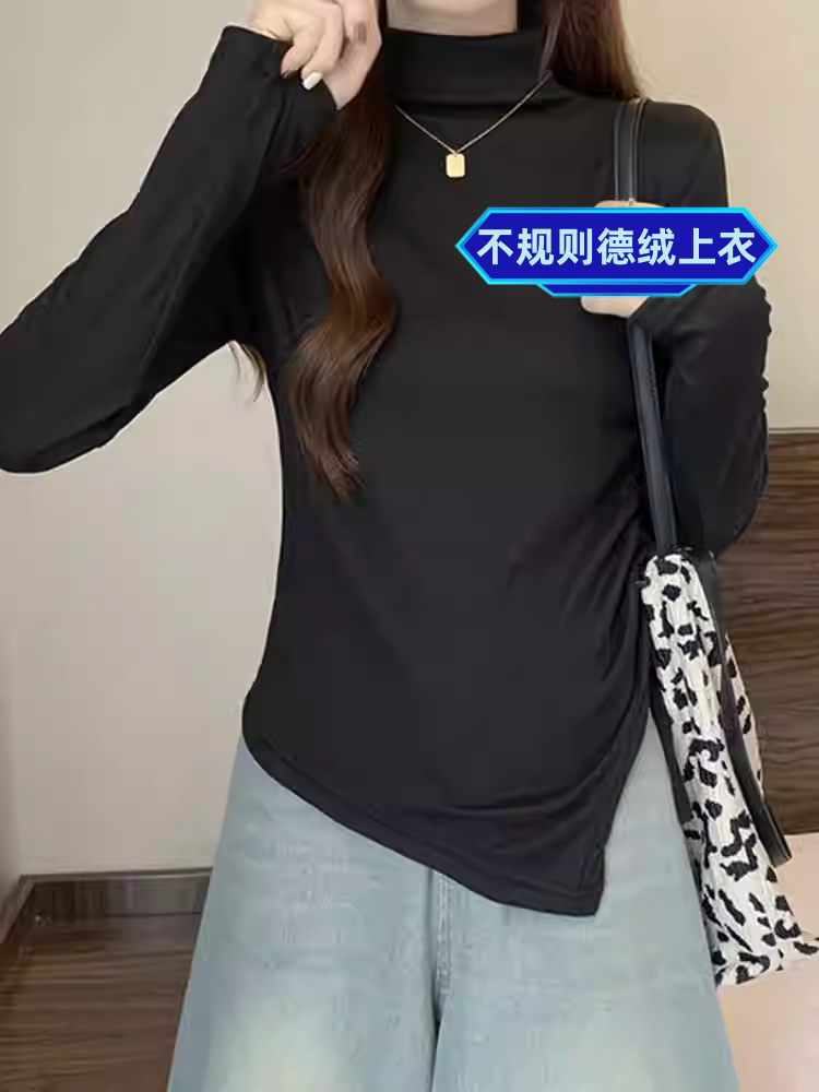德絨半高領長袖t恤女秋冬季新款純欲風磨毛保暖上衣內搭打底衫ins