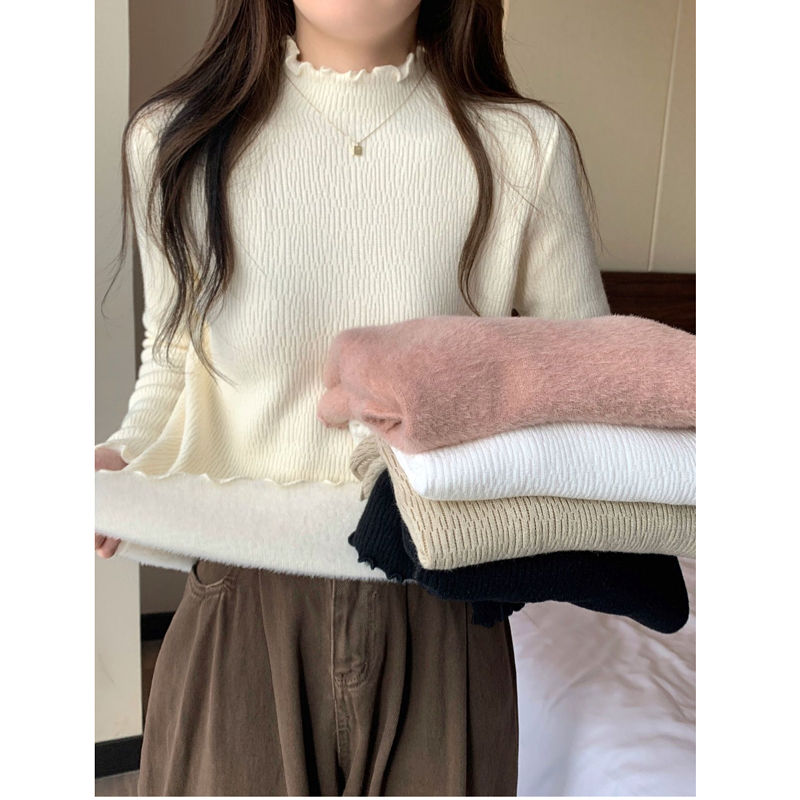 加絨毛衣女裝秋冬新款木耳邊加厚內搭半高領打底針織衫一體絨上衣