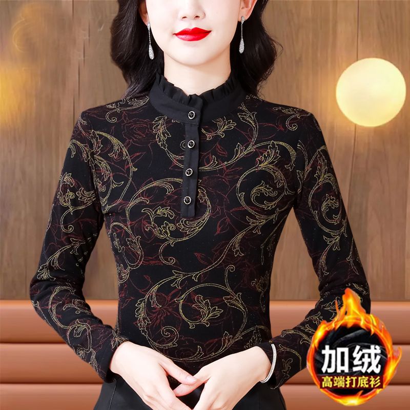 高檔熱賣加絨加厚南韓紗女士長袖打底衫秋冬新款寬鬆遮肉保暖上衣