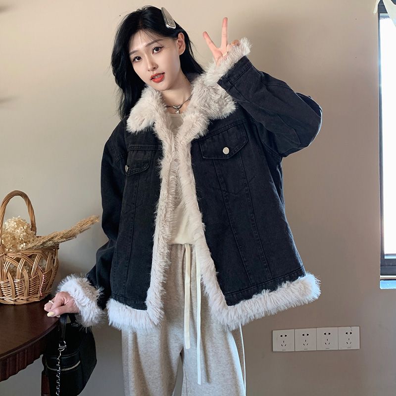 加厚夾棉棉服牛仔毛毛外套女秋冬2023新款寬鬆百搭高級感加絨棉襖
