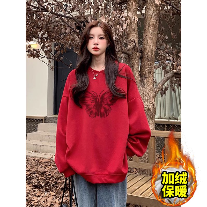 美式復古圓領衛衣女寬鬆oversize秋冬季加絨新年紅色長袖情侶裝潮
