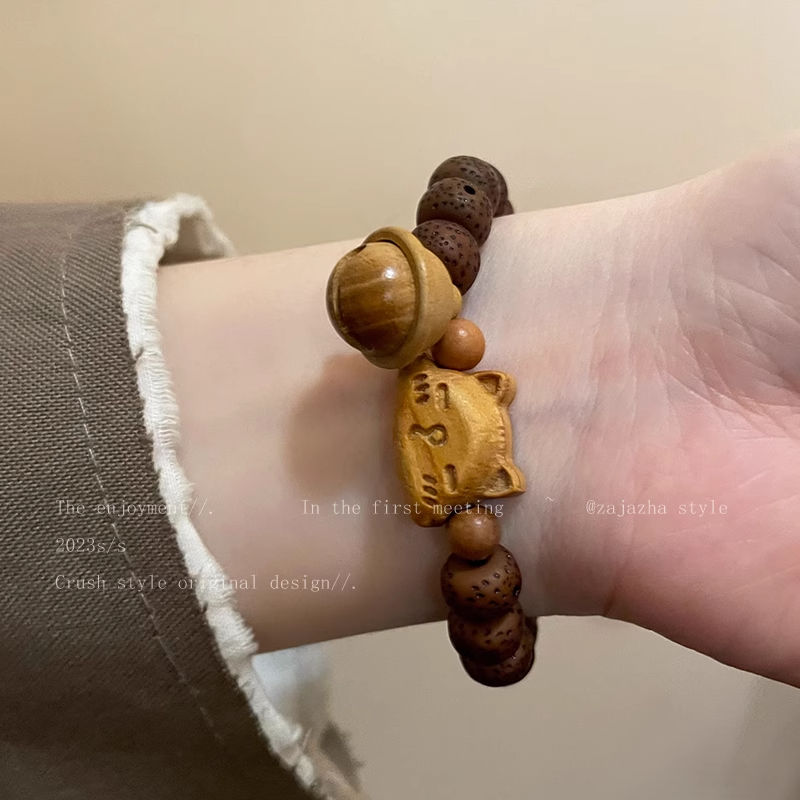 Cat Bell Sandalwood Bodhi Bracelet Women's Autumn and Winter Retro New Chinese Style Niche Design Bracelet Student Bestie Bracelet