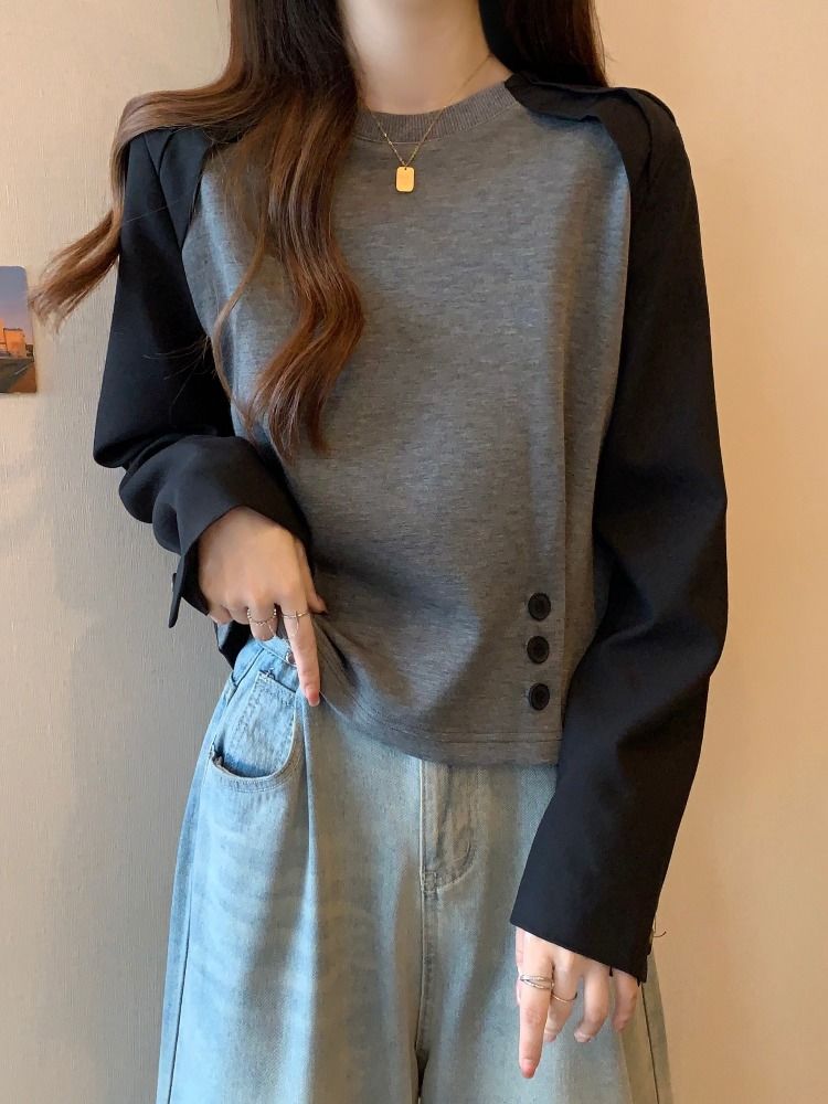 大碼胖mm拼色內搭打底衫女秋冬季設計感插肩長袖t恤拼接短款上衣