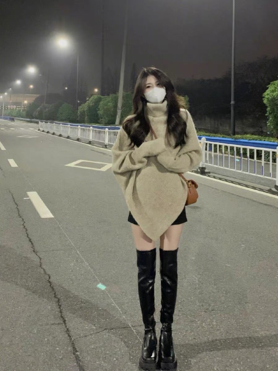 高領毛衣女秋冬寬鬆設計感2023新款慵懶針織軟糯高級感不規則上衣