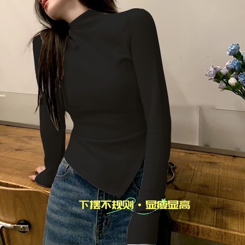 德絨半高領打底衫女秋冬修身顯瘦不規則內搭外穿長袖T恤上衣ins女