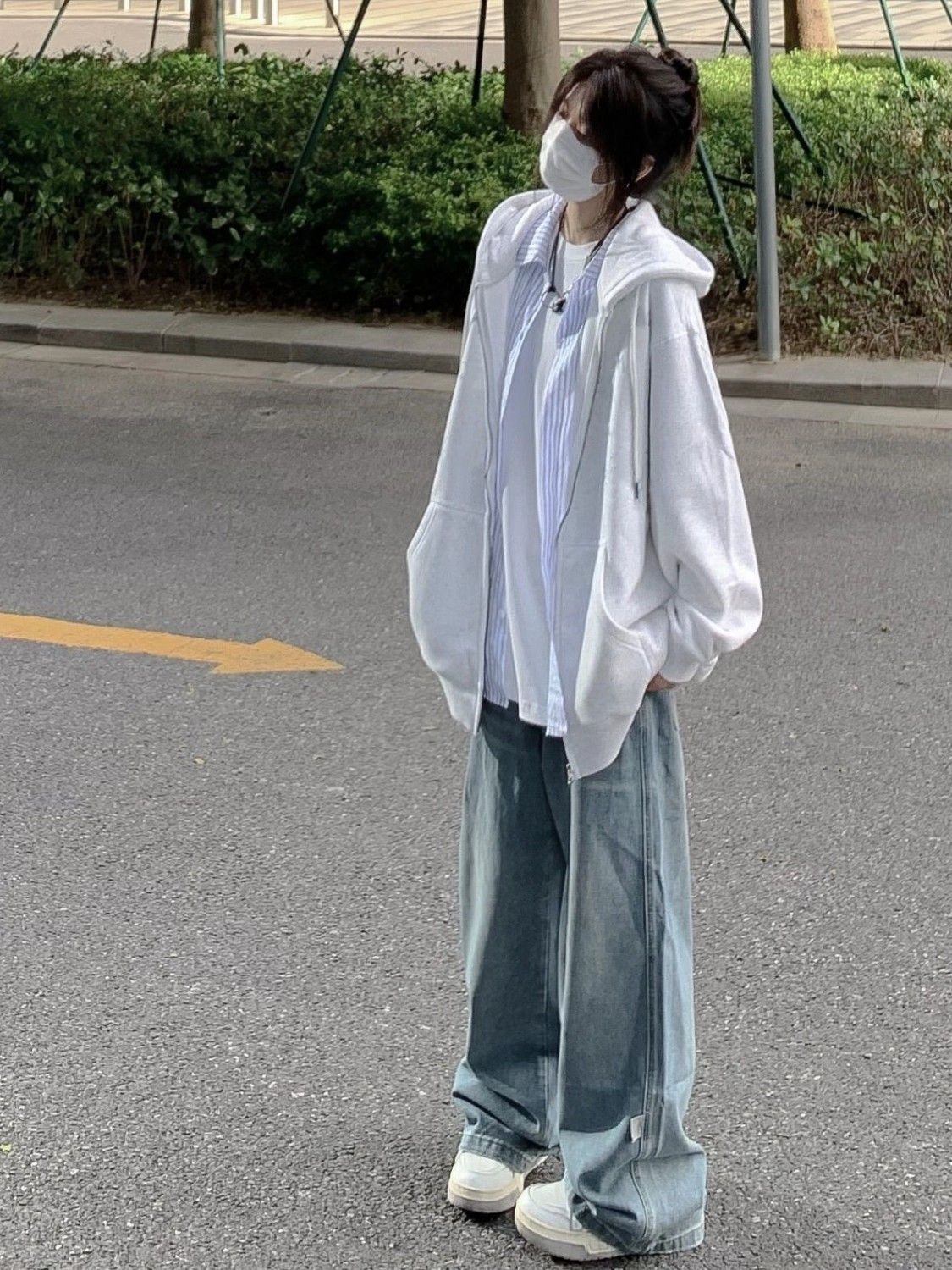 白灰色hiphop衛衣女寬鬆外套長袖國潮oversize學生開衫連帽上衣秋