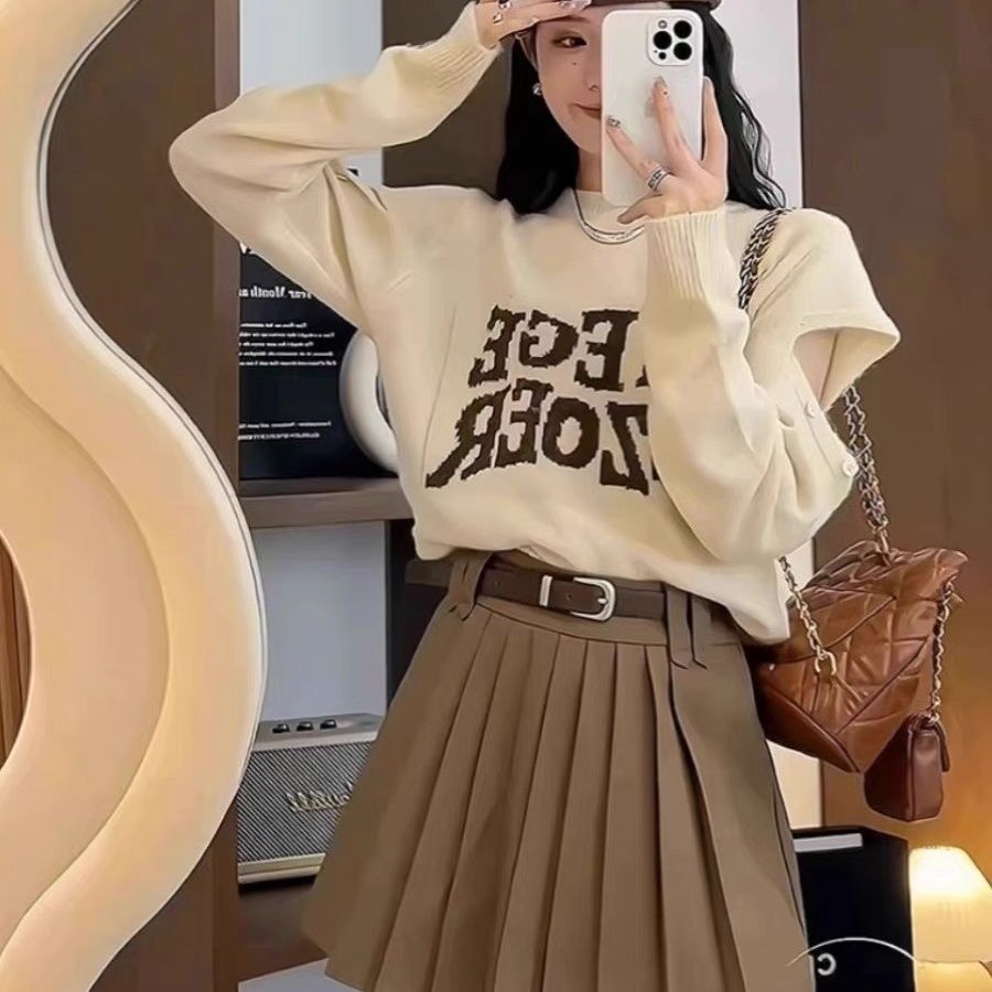 French letter round neck sweater for women in early autumn, leaky shoulder design, versatile sweater, loose long-sleeved niche top