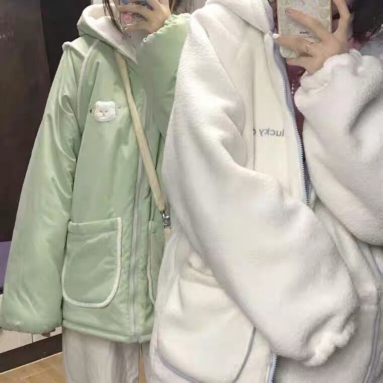 2023新款寬鬆兩面穿甜美棉服加厚連帽外套女秋冬季羊羔毛棉襖上衣