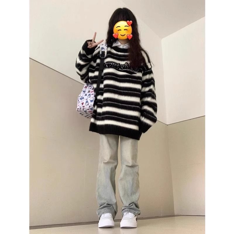 國潮軟糯糯條紋毛衣女小眾設計感秋冬慵懶風寬鬆港味復古chic上衣