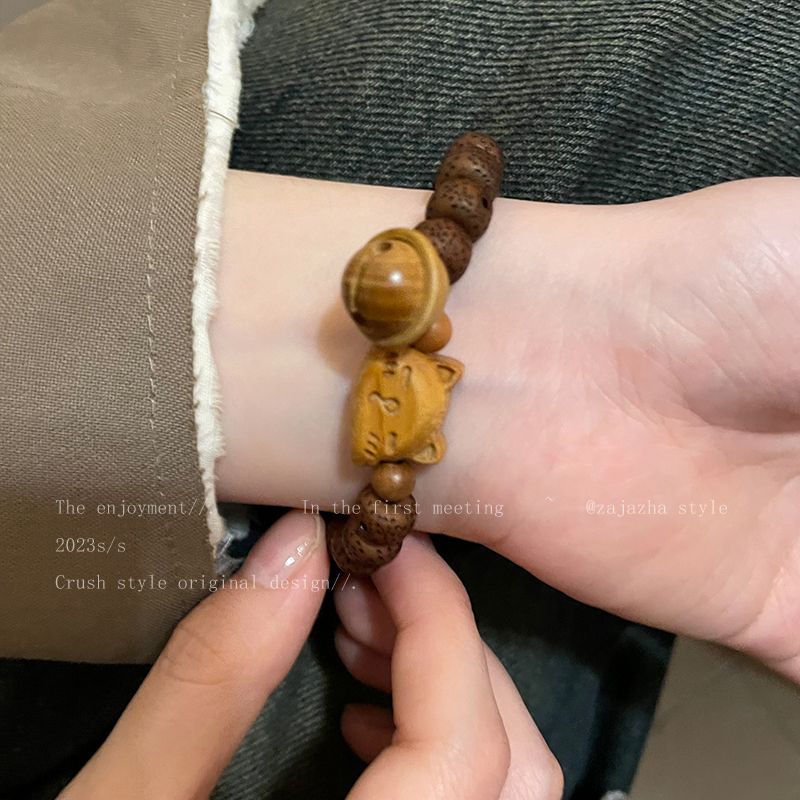 Cat Bell Sandalwood Bodhi Bracelet Women's Autumn and Winter Retro New Chinese Style Niche Design Bracelet Student Bestie Bracelet