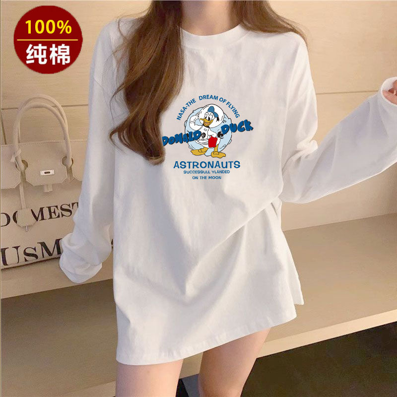 秋冬季圓領正肩純棉打底衫女上衣簡約T恤百搭印花oversize純色